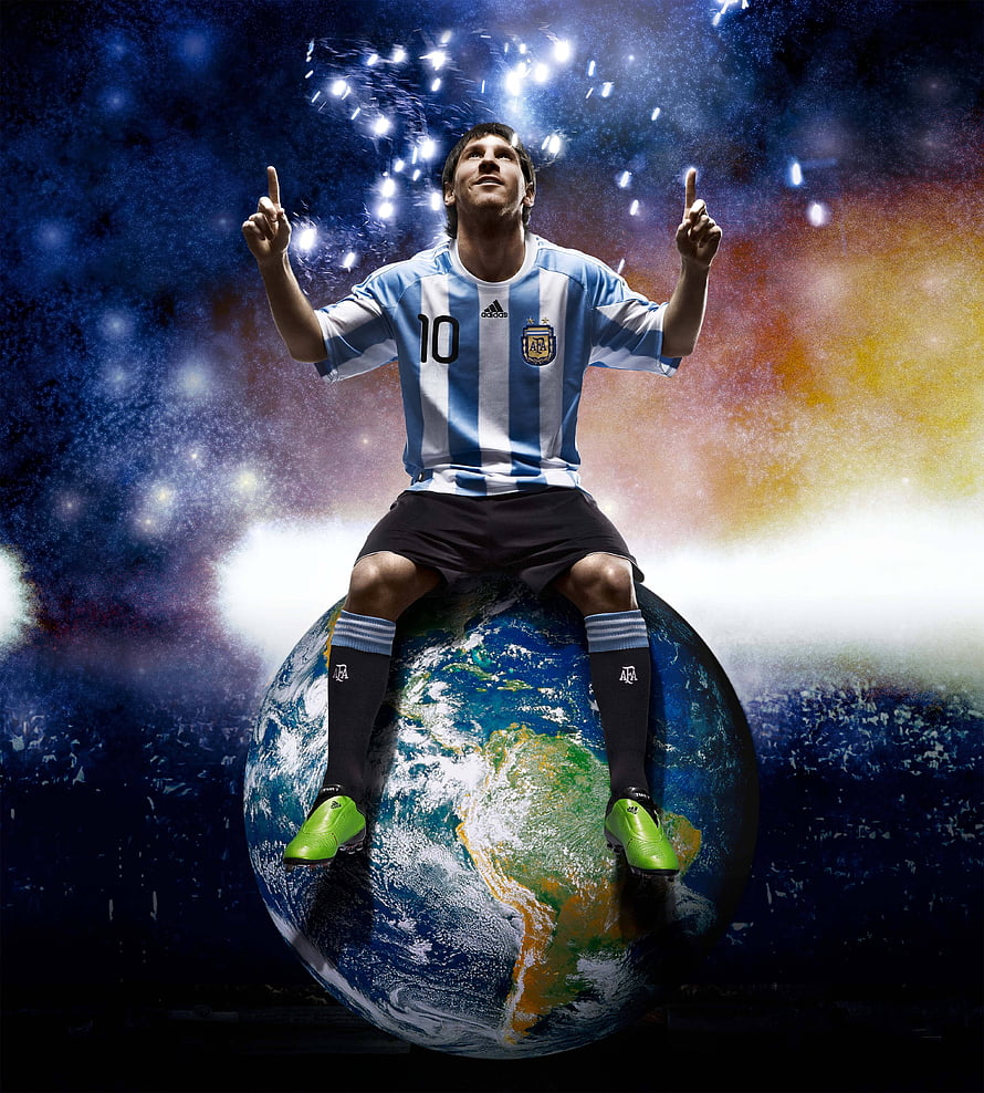 Lionel Messi in Argentina Kit Sitting on a Glowing Earth with Cosmic Background HD phone wallpaper