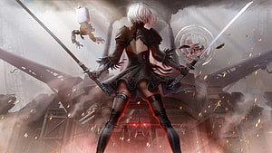 2B from NieR Automata wielding dual swords in a battle scene with floating drones and industrial ruins HD wallpaper