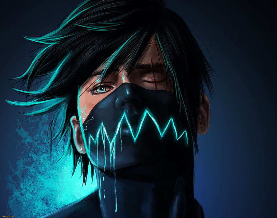 Dark Anime Character Portrait with Glowing Cyan Mask and Neon Hair Accents HD wallpaper