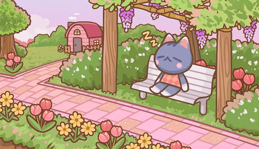 Animal Crossing CAS Custom Background: Sleeping Cat on Garden Bench HD wallpaper