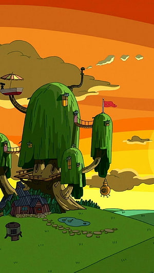 Adventure Time Tree Fort Landscape with Mossy Canopy and Warm Sunset Sky HD phone wallpaper