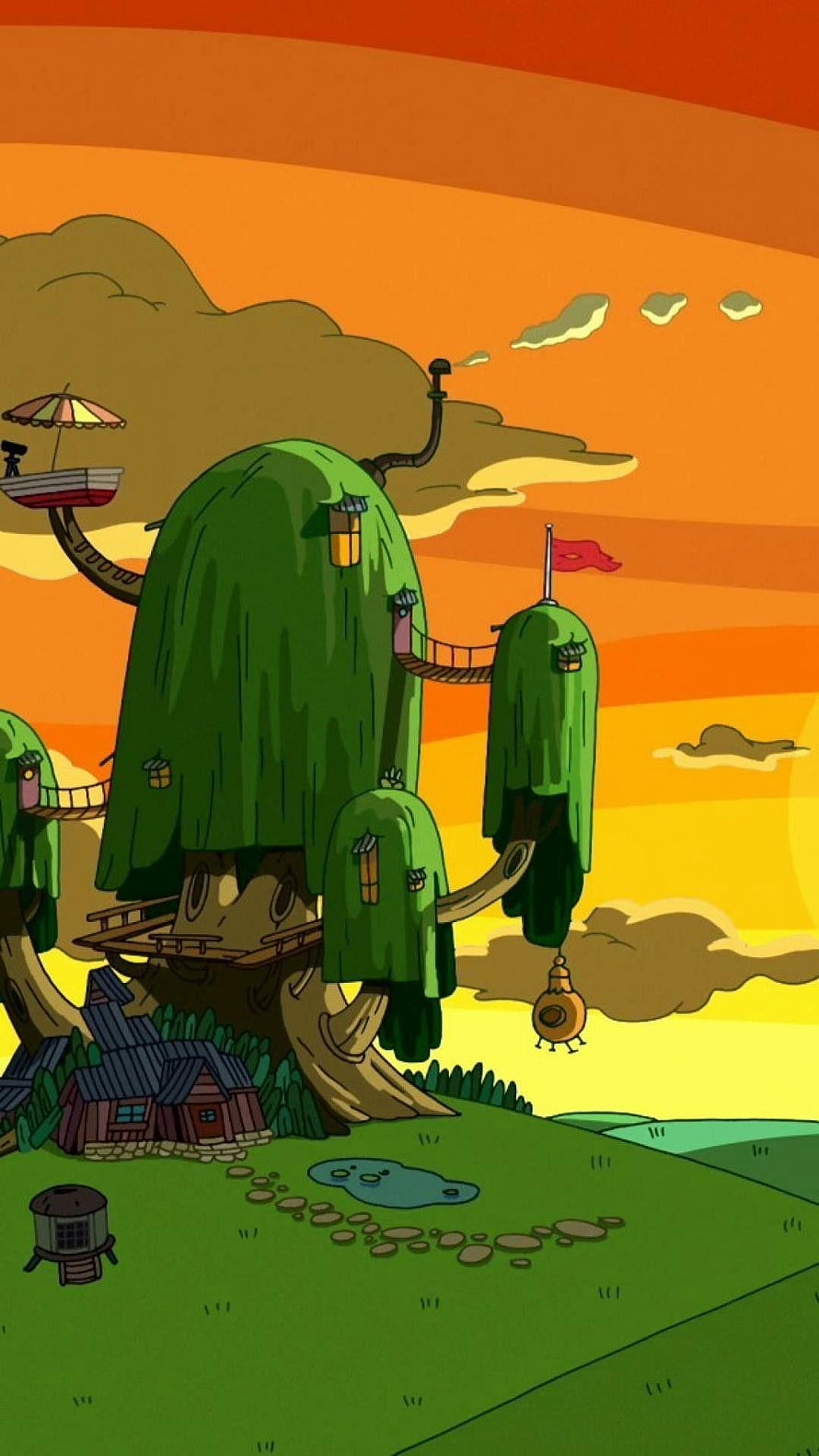 Adventure Time Tree Fort Landscape with Mossy Canopy and Warm Sunset Sky HD phone wallpaper