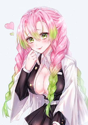 Kanroji Mitsuri Anime Character with Pink and Green Braided Hair in White Coat HD phone wallpaper