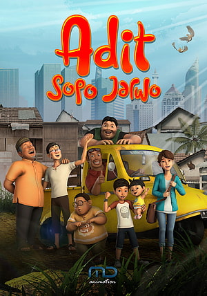 Adit Sopo Jarwo Animated Family Poster With Yellow Van And City Skyline HD phone wallpaper