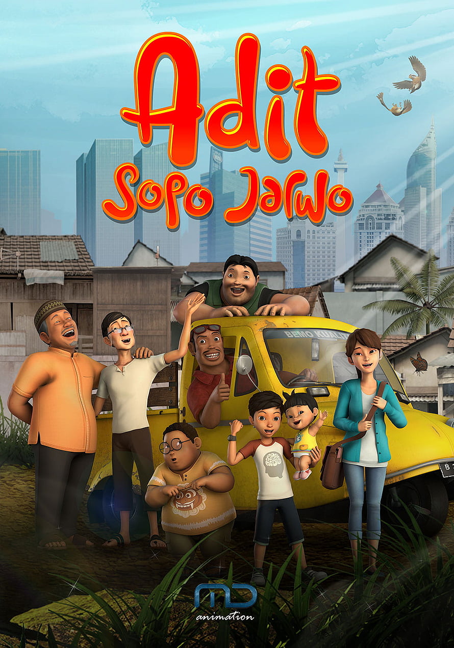 Adit Sopo Jarwo Animated Family Poster With Yellow Van And City Skyline HD phone wallpaper