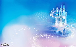 Disney Cinderella Castle Floating in Ethereal Clouds with Magical Sparkles and Light Rays HD wallpaper