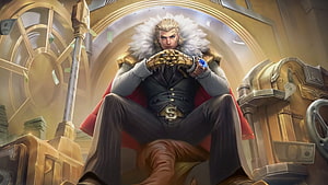 Tigreal Gold Baron Skin Sitting on Throne in Mobile Legends HD wallpaper