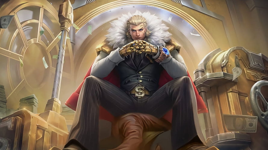 Tigreal Gold Baron Skin Sitting on Throne in Mobile Legends HD wallpaper