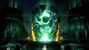 Destiny Crota's End: The Dark Lord's Throne Room with Glowing Green Portal HD wallpaper
