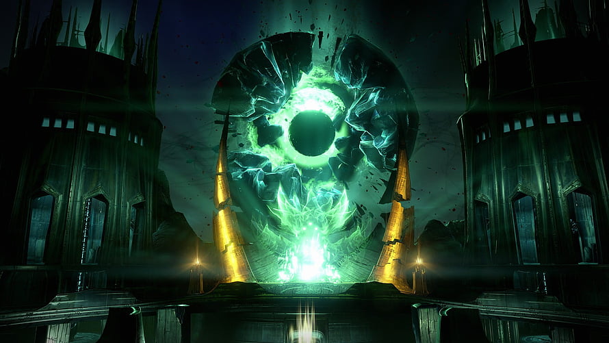 Destiny Crota's End: The Dark Lord's Throne Room with Glowing Green Portal HD wallpaper