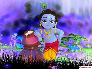 Lord Krishna Cartoon Illustration with Butter Pot in a Vibrant Garden HD wallpaper