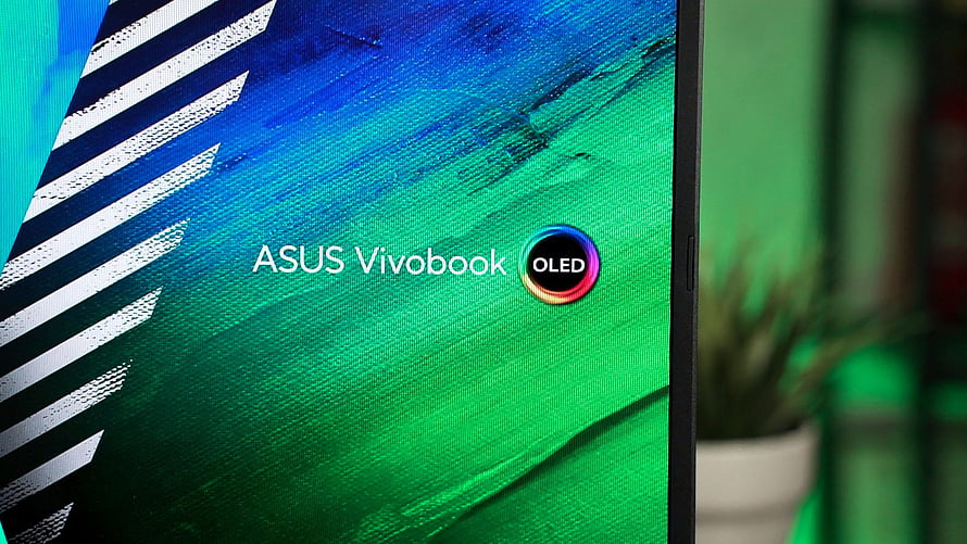 ASUS Vivobook Pro 15 OLED Display Close-Up with Vibrant Green and Blue Abstract Wallpaper HD wallpaper