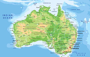 Detailed Physical Map of Australia Showing Major Cities, Deserts, and Surrounding Oceans HD wallpaper