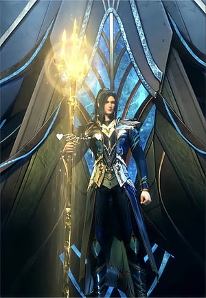 Tang San Holding Glowing Golden Staff in Ornate Fantasy Armor HD phone wallpaper