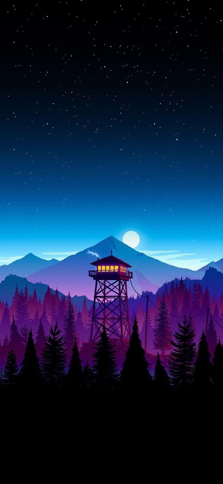 Illuminated Fire Watchtower in a Starlit Mountain Forest at Night HD phone wallpaper