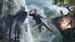 Nathan Drake leaping across a jungle chasm in Uncharted 4: A Thief's End HD wallpaper