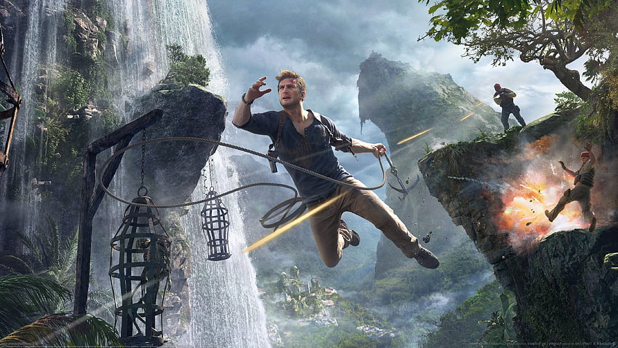 Nathan Drake leaping across a jungle chasm in Uncharted 4: A Thief's End HD wallpaper