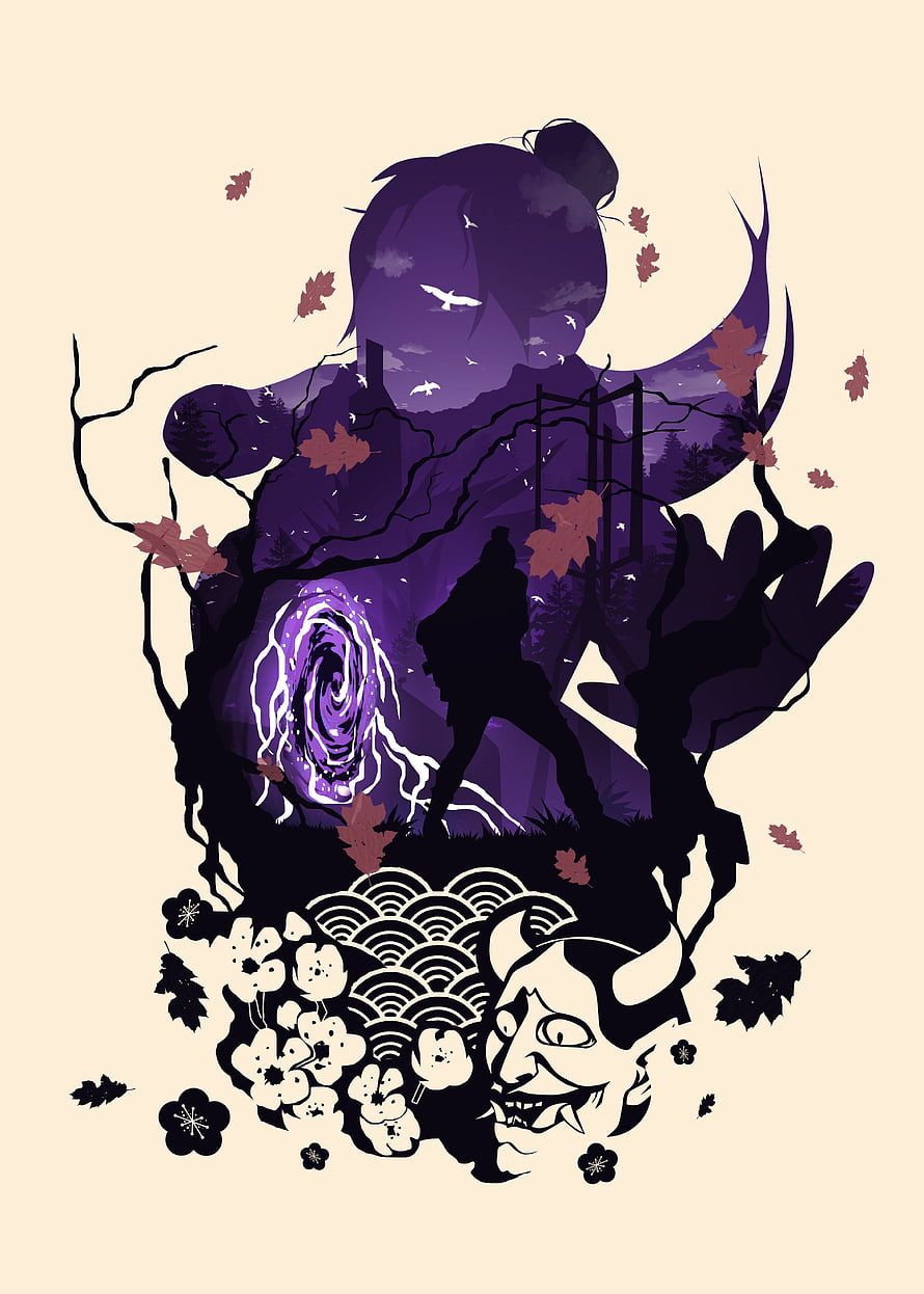 Wraith Apex Legends Double Exposure Illustration with Japanese Oni Mask and Autumn Leaves HD phone wallpaper