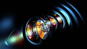 Vibrant Abstract 3D Render with Iridescent Swirls and Glowing Orbs on a Dark Background HD wallpaper
