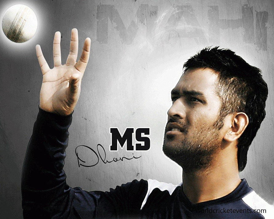 MS Dhoni Cricket Portrait with Raised Hand and Ball HD wallpaper