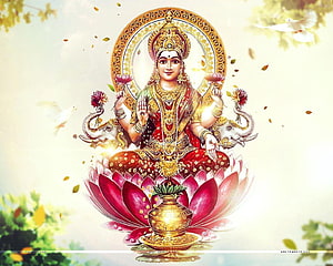 Goddess Lakshmi Seated on Lotus with Elephants and Golden Pot HD wallpaper