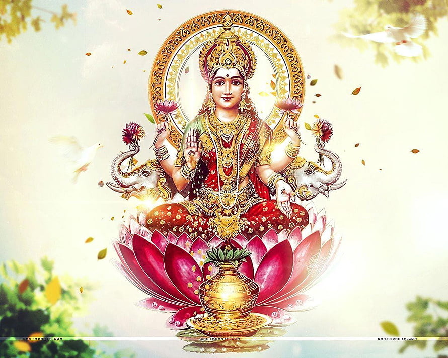 Goddess Lakshmi Seated on Lotus with Elephants and Golden Pot HD wallpaper