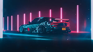 JDM Supra with Custom Livery in Neon-Lit Cyberpunk Setting HD wallpaper