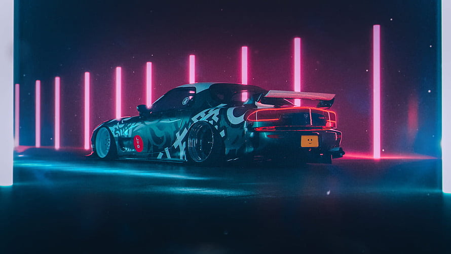 JDM Supra with Custom Livery in Neon-Lit Cyberpunk Setting HD wallpaper