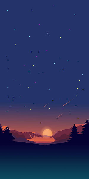 Minimalist Night Sky Illustration with Shooting Stars and Mountain Silhouette HD phone wallpaper