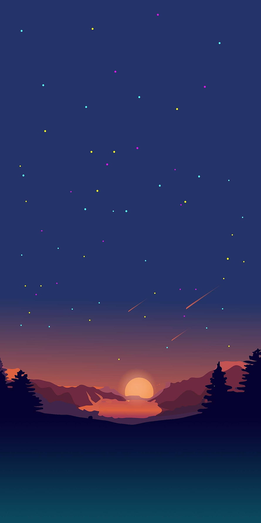 Minimalist Night Sky Illustration with Shooting Stars and Mountain Silhouette HD phone wallpaper