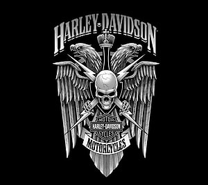 Harley-Davidson Skull and Eagle Emblem with Crossed Swords on Black Background HD wallpaper