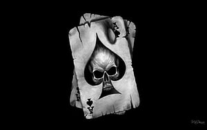 Grayscale Ace of Spades Playing Card Featuring a Detailed Skull Illustration on Black Background HD wallpaper