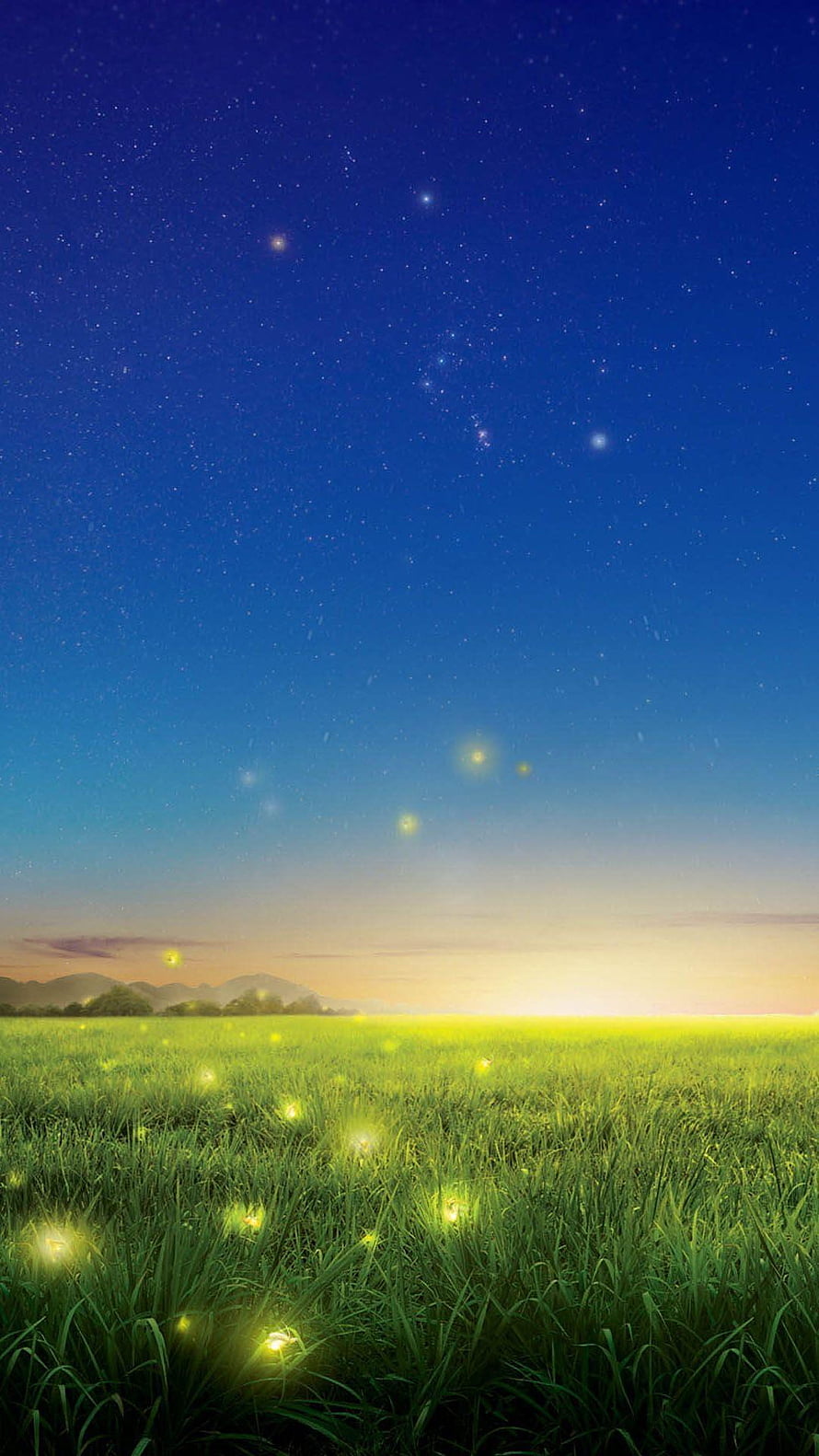Fireflies glowing in a green meadow under a starry night sky with distant mountains HD phone wallpaper