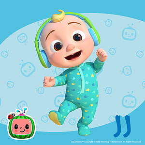 CoComelon Baby Character Dancing in Teal Onesie with Headphones on Blue Background HD phone wallpaper
