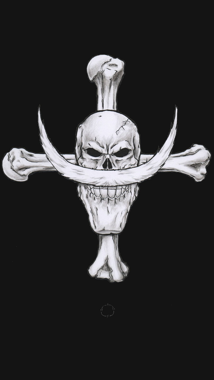 Whitebeard Jolly Roger Skull with Mustache and Crossed Bones on Black Background HD phone wallpaper