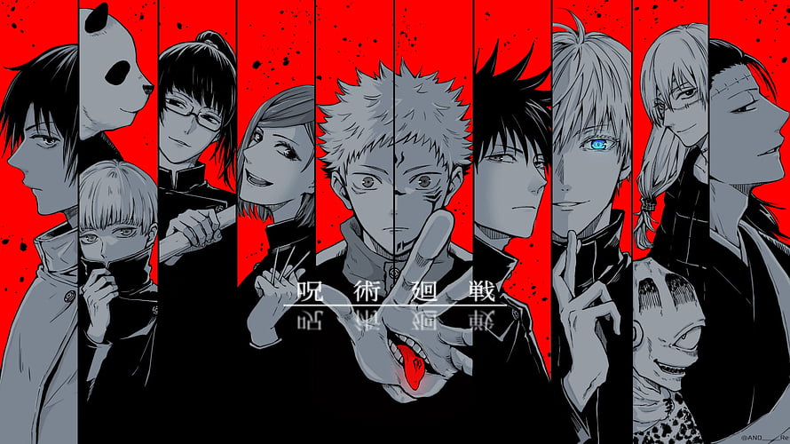 Jujutsu Kaisen Character Lineup Wallpaper with Red and Black Vertical Stripes HD wallpaper