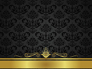Elegant Black Damask Pattern with Gold Floral Ornament and Banner HD wallpaper