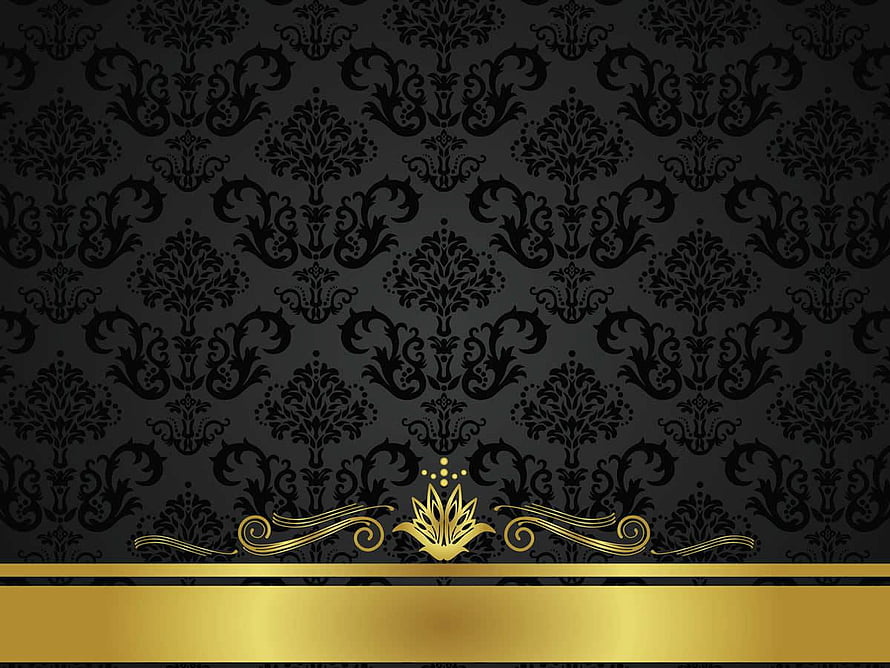 Elegant Black Damask Pattern with Gold Floral Ornament and Banner HD wallpaper