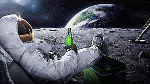 Astronaut Relaxing on the Moon with a Green Bottle and Earth in the Background HD wallpaper