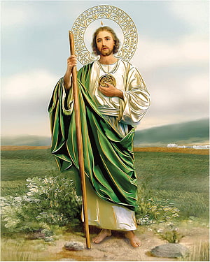 Saint Jude Thaddeus Religious Icon with Staff and Halo in Green Robes HD phone wallpaper