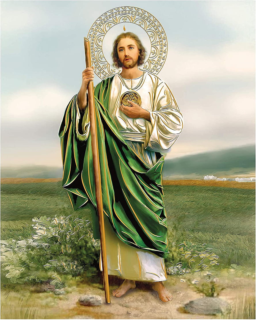Saint Jude Thaddeus Religious Icon with Staff and Halo in Green Robes HD phone wallpaper