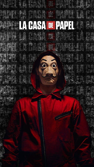 Money Heist Character in Red Hoodie and Salvador Dali Mask Against Dark Textured Background HD phone wallpaper