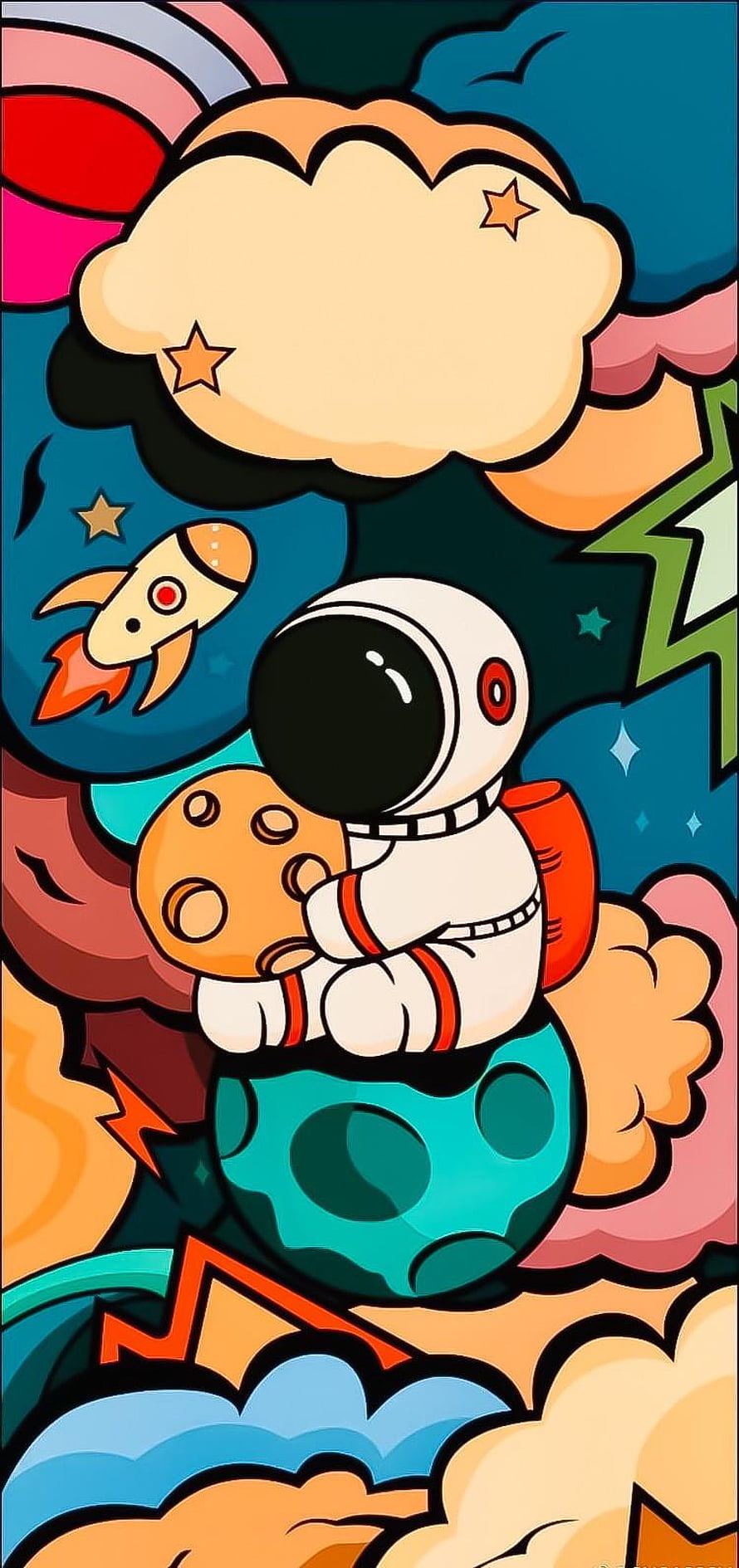 Cute Cartoon Astronaut Hugging Planet in Colorful Space Illustration HD phone wallpaper