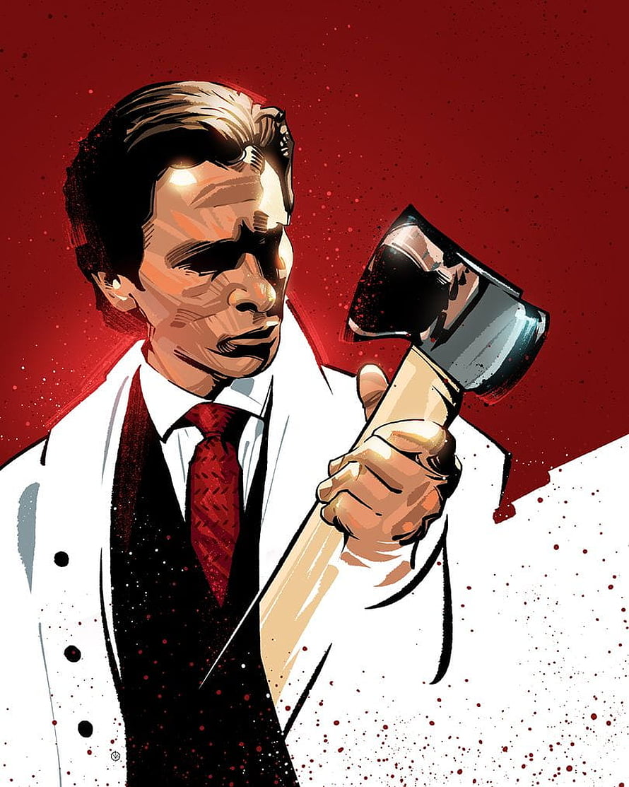 Patrick Bateman from American Psycho in a white coat holding an axe against a red background HD phone wallpaper