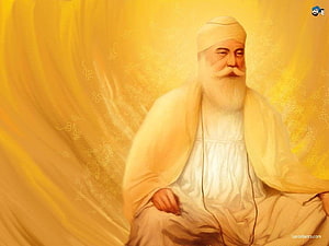 Guru Nanak Dev Ji Portrait in Golden Light with White Turban and Beard HD wallpaper