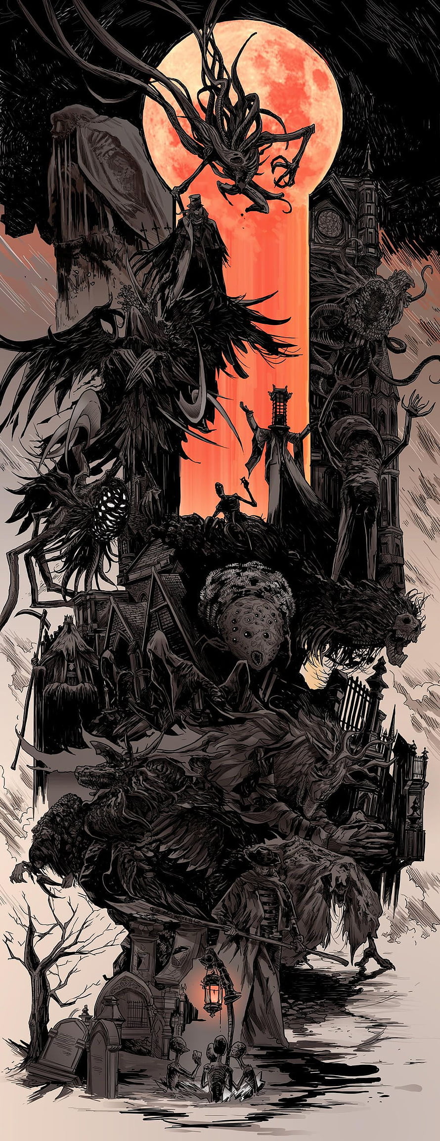 Bloodborne Gothic Horror Illustration with Moon and Monsters HD phone wallpaper