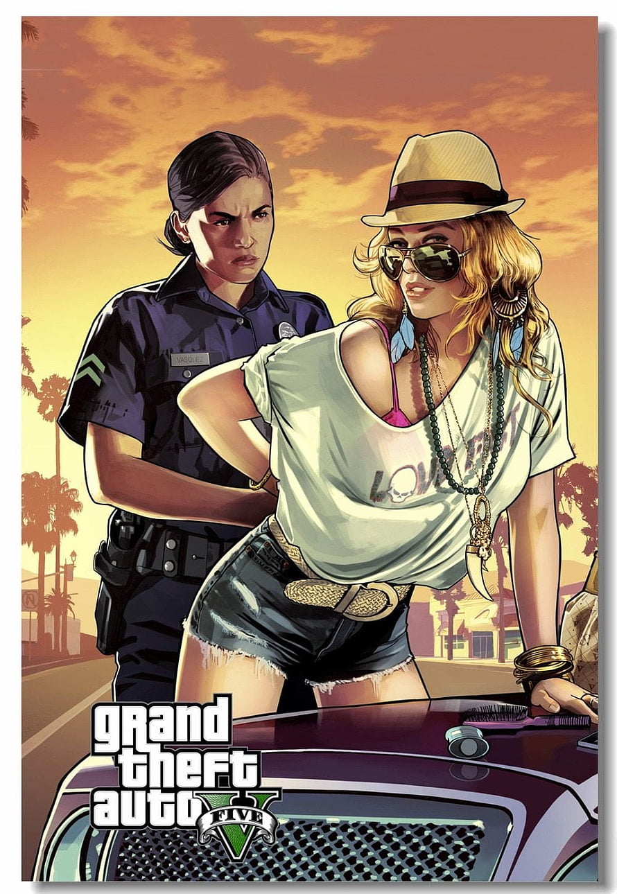 Grand Theft Auto V Artwork Featuring Officer Vasquez and a Blonde Woman in a Sunset City Scene HD phone wallpaper