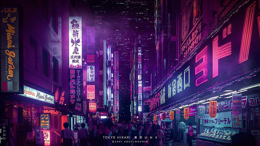Neon-Lit Tokyo Street Scene at Night with Vibrant Japanese Signage and Crowds HD wallpaper