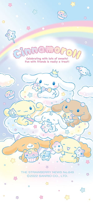 Cinnamoroll and Friends Enjoying Pastries Under a Rainbow in a Pastel Sky HD phone wallpaper