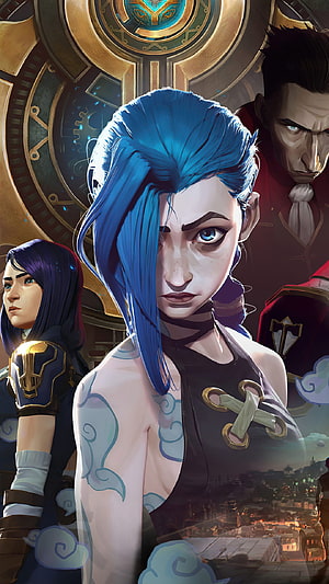 Jinx from Arcane with blue hair and tattoos alongside Vi and Silco in a stylized animated portrait HD phone wallpaper
